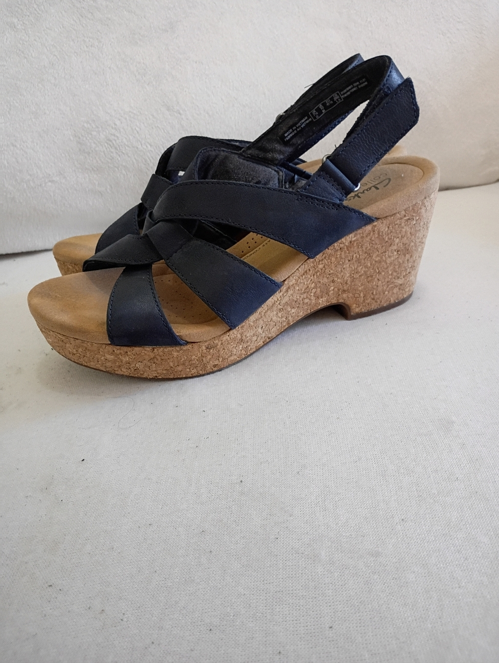 Clarks Navy Blue Cork Wedge Slingback Sandal